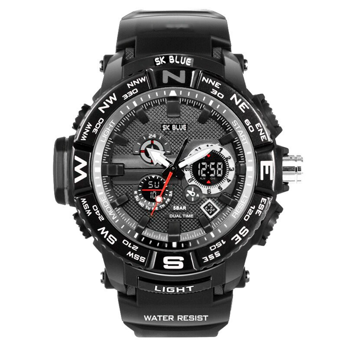 Reloj Caballero Shock Impermeable Digital Led Doble Hora Orientacion Plateado + Estuche